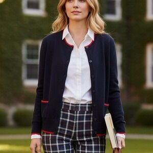 Brooks Brothers Red Fleece Navy Blue Merino Wool Cardigan Red Trim Size L